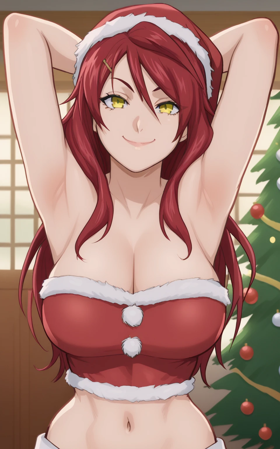 score_9, score_8_up, score_7_up, source_anime, anime screencap, 1girl, solo, rindou kobayashi, red hair, yellow eyes, long hair, large breast, cleavage, bare shoulders, bare arms, hairclip, Santa costume, red costume, Santa hat, navel, bellybutton, Christmas tree, arms behind head, armpits, looking at viewer, head towards viewer, smile, closed mouth, badhandv4, indoors, strapless 