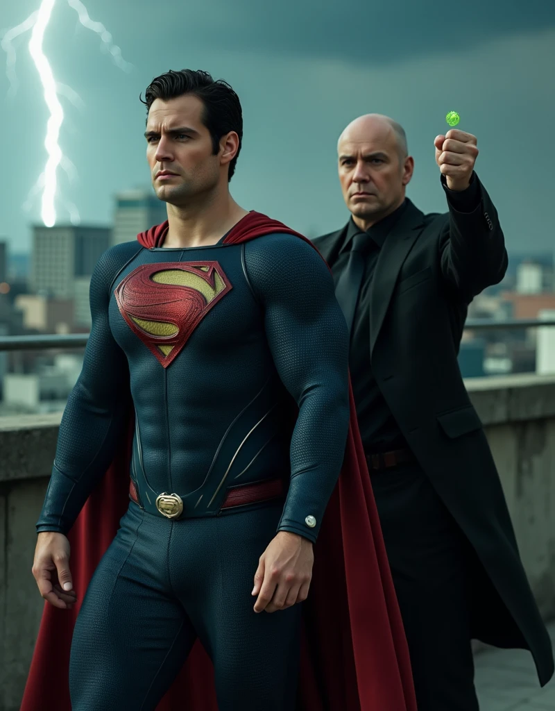 Portrait-style image featuring two men on city rooftop, a electrical storm background. The man on the front is leaning on the shoulder of the other man, pained facial expression, almost unconscious, his eyes are closed, walking with difficulty, he looks like, h3nr4, Henry Cavill, dressed in a Superman costume, characterized by a blue suit with a large red and yellow 'S' emblem on the chest. He has short, dark hair, Short stubble, light skin, pained facial expression, almost unconscious. The man on the back is bald, has light skin, and is wearing a black suit with a black shirt and tie. He has a serious expression and is holding up his right fist, which is adorned with a green ring that emits a faint glow. The overall composition suggests a dynamic interaction between the two characters.