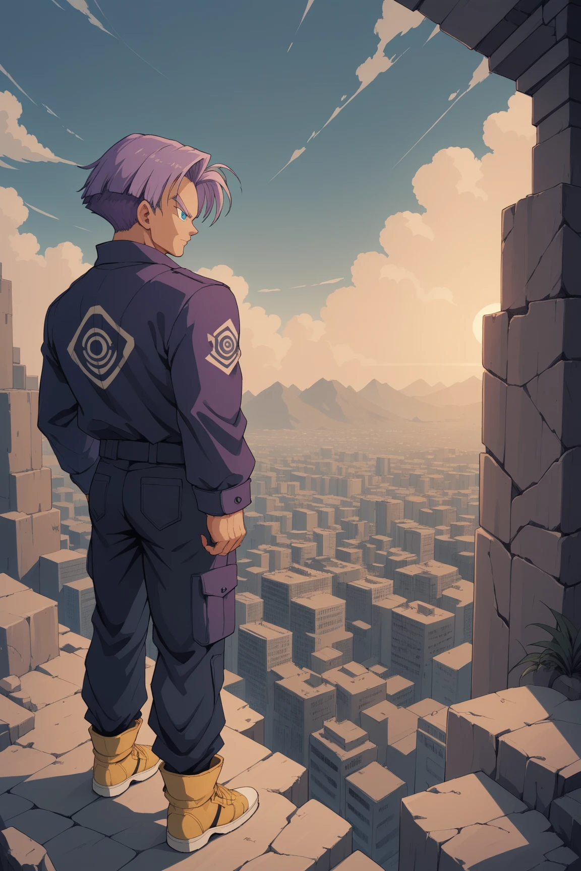 solo, 1boy\((trunsaya:1.0),future,Trunks,20 years old, purple jacket, black muscle shirt underneath, black pants, blue eyes, black pupil, purple hair, yellow shoes with black tips,back view,full body\) standing on top of skyscraper. background\((Ravaged rubble city:1.4)\),(landscape:1.3),score_9, score_8_up, score_7_up, score_6_up, score_5_up, score_4_up, source_anime,source_furry,rating_safe,rating_questionable,masterpiece, best quality, perfect anatomy , very aesthetic , absurdres,scenery, (limited palette:1,2),realistic