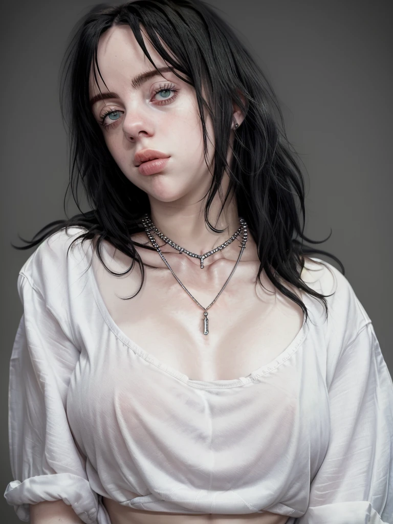 quality,  1girl. One.  looking at the viewer . naked boobs,   pops up , topless, naked, nsfv,   Black hair .  closed mouth .  white shirt.  upper body. blurred background.  realistic . . necklace. necklace,  perfect body, beautiful nipples,  sexy , Billie Eilish