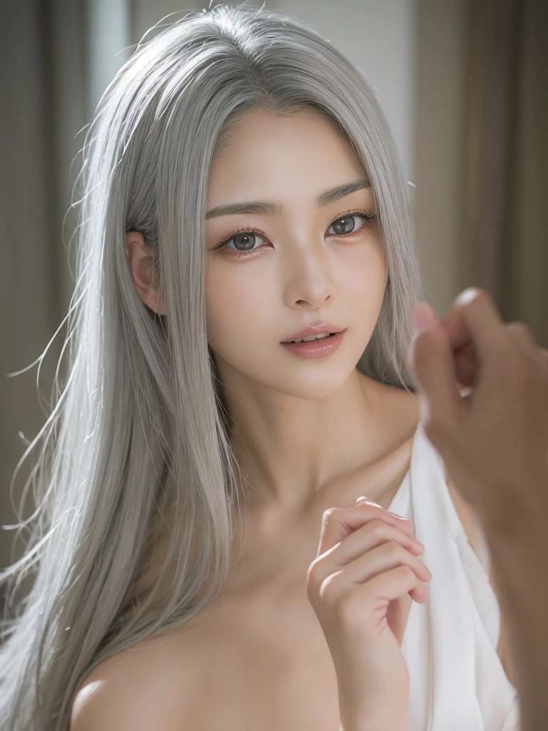 （( top quality)), ((  Masterpiece  )), (  Details),beautiful（Anime） grey-haired girl 　Grey-haired girl with right index finger on her lips 　 sexy　Nearly naked、 sexy、 ecstasy、 sensual expression、 adult appeal 、