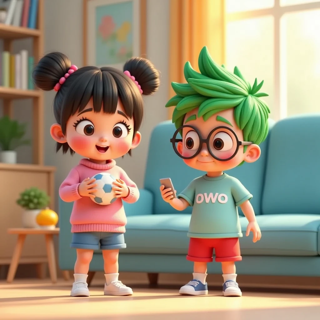 A cozy living room with a blue sofa and a small side table next to it. Owo, a cute and nerdy brother, sits enjoying on the sofa wearing a light blue t-shirt with 'owo' written on it, red shorts, and bright green hair. He has big round glasses and is focused on his phone. In front of him, Uwu, a  cute and adorable girl, stands holding a ball. She has her hair in two buns on top with bangs, cheeks flushed, wearing a pink sweater with 'uwu' written on it, blue shorts, short socks, and white sneakers. Around them, there’s a bookshelf and small potted plants, adding warmth to the scene. The style is 3D Pixar animation with a pastel color palette, creating a soft and cheerful atmosphere, with an emphasis on happy facial expressions and energetic poses.