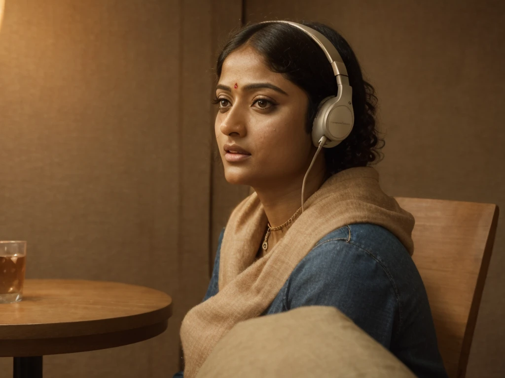 A candid analogue photograph of an Indian woman, inspired by Anushka Shetty, seated at a cozy table in a minimalist podcast studio. Her expressive eyes focus intently, and her **voluminous curly hair** frames her serene face as she speaks into a classic microphone. A pair of sleek headphones rests around her neck, and the warm, ambient lighting softly highlights her **ultrarealistic skin**. The scene captures the charm of a quiet, thoughtful moment, with a simple chair and the podcast setup evoking a calm and authentic atmosphere.