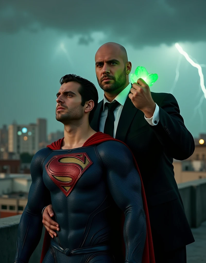 Portrait-style image featuring two men on city rooftop, a electrical storm background. The man on the front is leaning on the shoulder of the other man, pained facial expression, almost unconscious, his eyes are closed, walking with difficulty, he looks like, h3nr4, Henry Cavill, dressed in a Superman costume, characterized by a blue suit with a large red and yellow 'S' emblem on the chest. He has short, dark hair, Short stubble, light skin, pained facial expression, almost unconscious, one hand on his chest. The man on the back is bald, has light skin, and is wearing a black suit with a black shirt and tie. He has a serious expression and is holding up his right fist, holding a green ctistal that emits a faint glow. The overall composition suggests a dynamic interaction between the two characters.