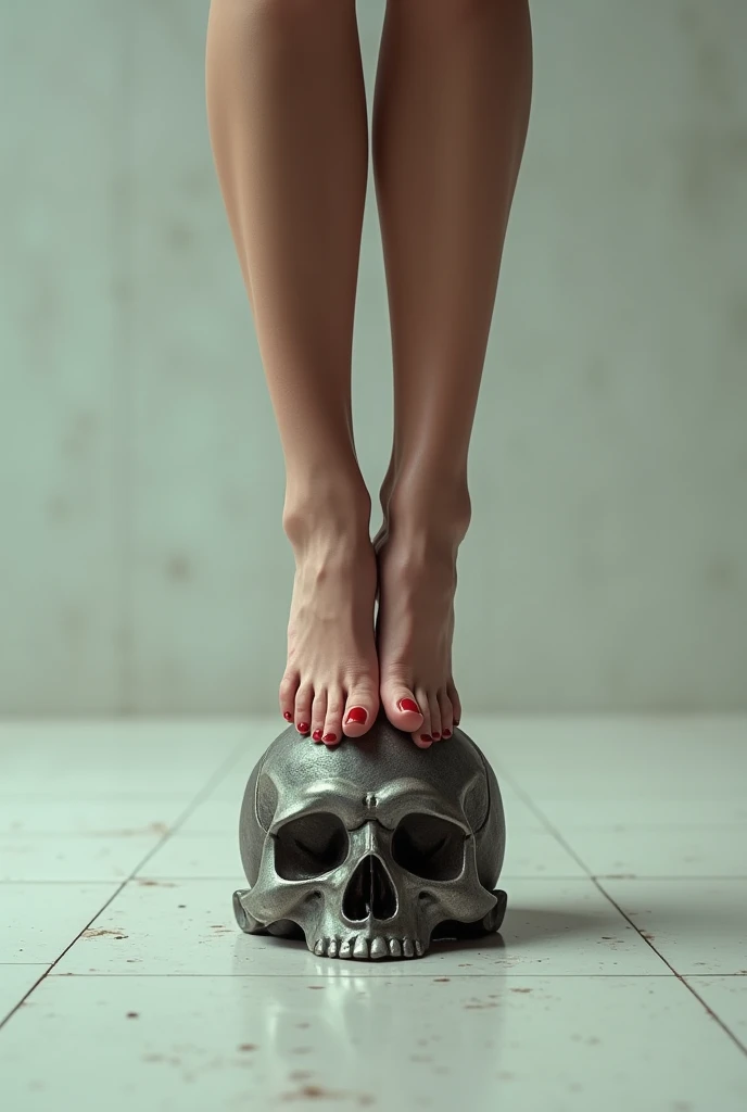 A realistic depiction of the size of a dried human skull, strangely cracked and crumbling due to a hole pierced in the center of the forehead by a sharp object, is carelessly rolled and scattered in various orientations and up and down on the cold, bare concrete floor. Two beautiful legs, with fine skin and dazzling, lustrous, and sensual curves, stand majestically apart and spread apart on the cold, bare concrete floor. Her feet are wearing beige pantyhose and stiletto heels with a silver metallic sheen secured by black leather harnesses around her ankles, and her toenails have a glossy red pedicure. The stiletto heels are perfect in both color and finish, and are depicted in detail from the surface to the sole. The composition is a low-angle shot from the floor, with perspective, showing the back of the lower body down to the thighs viewed up. One foot is standing straight on the floor, and the other is standing on tiptoe with its legs slightly apart, pointing the sharp, awl-like heel and the smooth sole of the shoe., perfect anatomy, ideally proportioned figure, perfectly beautiful lower body, super detailed skin, glossy skin, glistening skin, masterpiece, incredibly absurd resolution, absolutely resolution, ultra high resolution, professional raw photo, entire sharp focus, Depth of Field, 16k, very aesthetic, excellent, Amazing, elegant, best quality, amazing quality, all intricate, overall detail, extremely detailed CG, 100-layer,