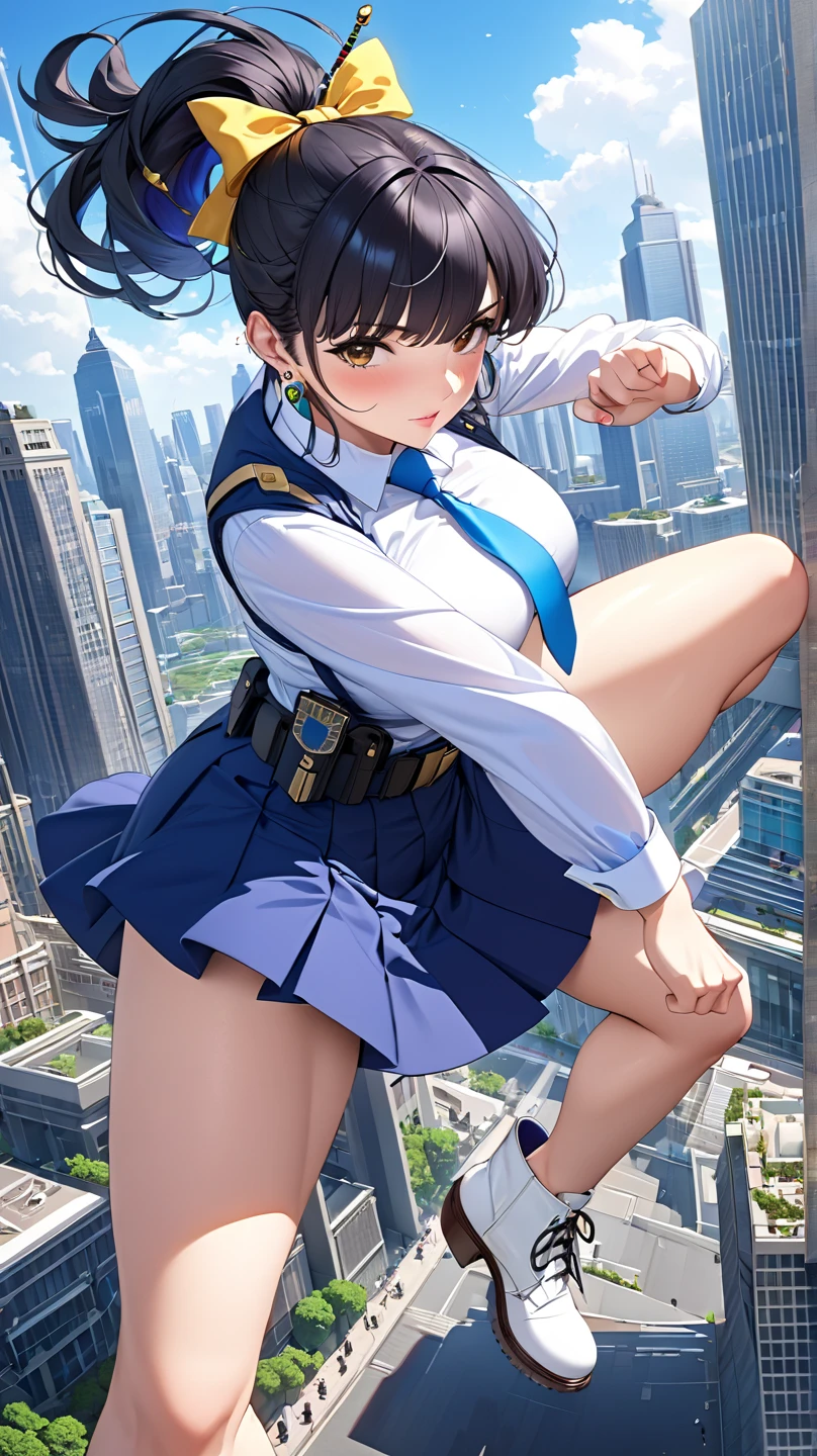 ( masterpiece, High Resolutions,  Best Quality :1.3), 8K,  highly detailed, intricate, Of color, vibrant image, sharp focus, hentai, 4k,Agatha, Agatha, 1girl,
black hair, ponytail, hair bow, hair stick, brown eyes,
police uniform, blue skirt, miniskirt, necktie,
ankle boots, white footwear,  battle posture ,  confident look , Kicking, Sunny weather, (blush:1.1), blue sky,  skyscraper,  full body shot  detailed face, brown eyes, Realistic complex perfect eyes,  perfect face , Earrings, jewely, (mature female, 30yo:1.1), Milf,  big breasts,