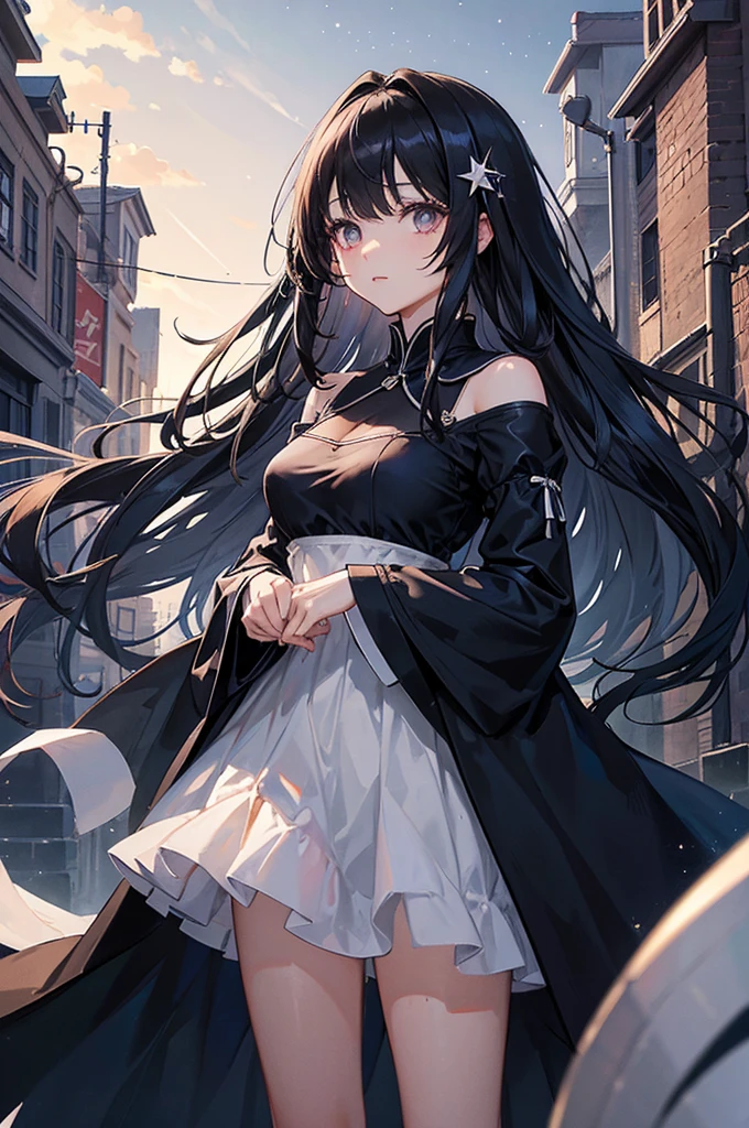 Black Hair、Loose and fluffy long hair、A beautiful woman、The outfit is a one-piece dress, clear face, perfect clear eyes, evening on a dark street where only the stars shine