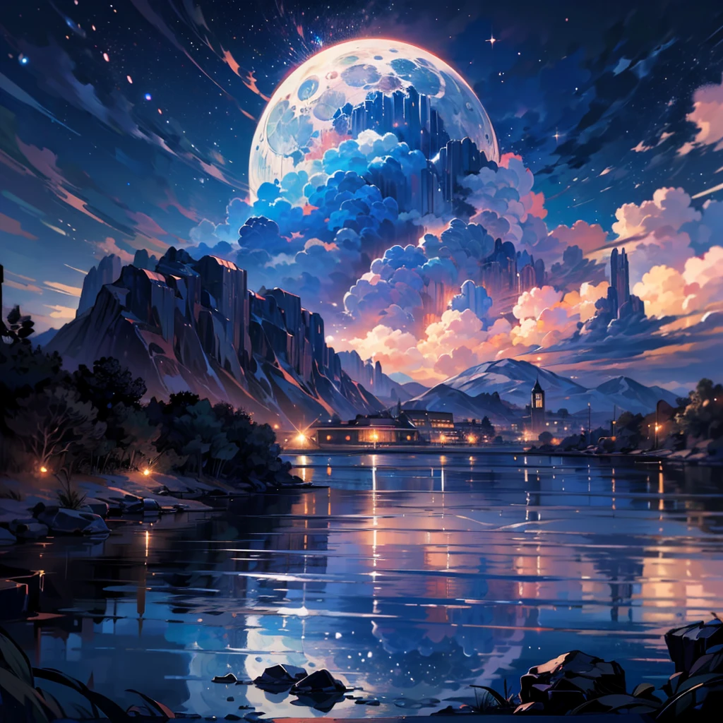 Landscape, starry night, moonlight, (deep night:1.5), quiet night, moonlit ocean, ((UHD, masterpiece, super detail, best quality, high-res, 8k)), no sun, no orange light.