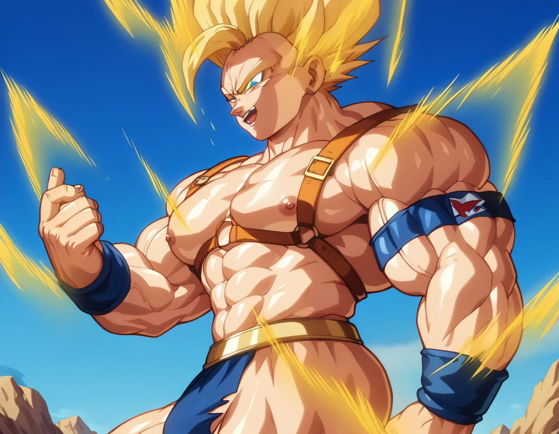  top quality,Anatomical, Big Muscles , Vegeta and Kogenta mix,Demon Body,Sexually attractive gestures,shiny skin, growing skin, taken over by the devil , He smiles wickedly ., armband, bracers,Harness,gigantic penis,supersaiyanaura,Golden Aura,