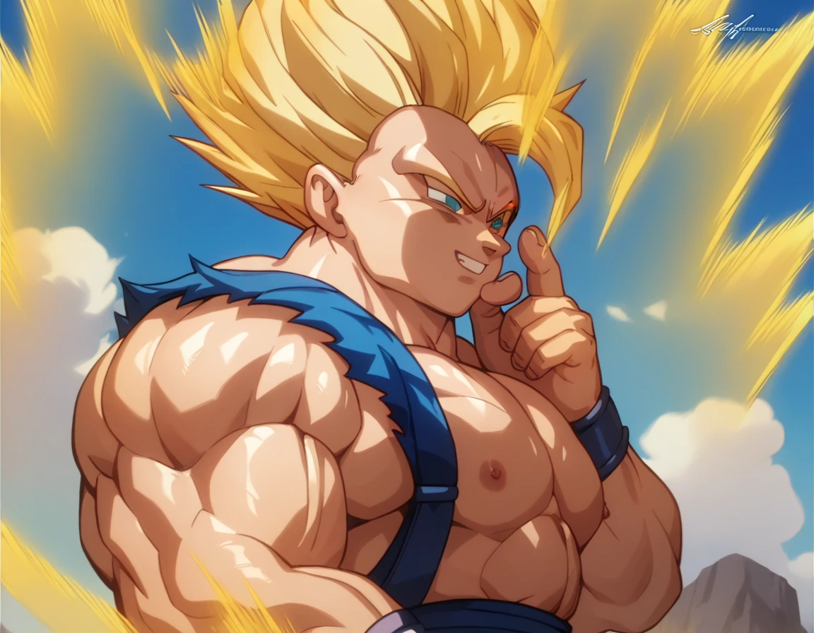  top quality,Anatomical, Big Muscles , Vegeta and Kogenta mix,Demon Body,Sexually attractive gestures,shiny skin, growing skin, taken over by the devil , He smiles wickedly ., armband, bracers,Harness,gigantic penis,supersaiyanaura,Golden Aura,