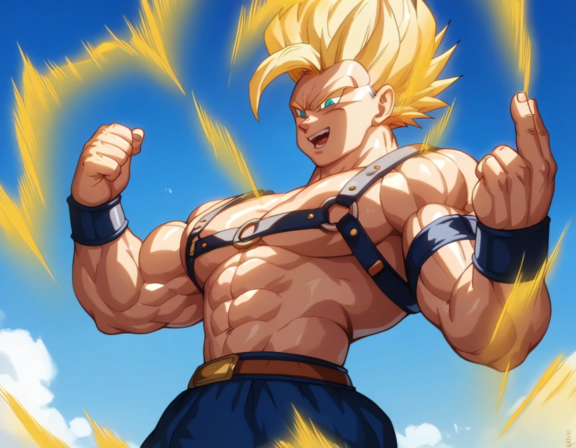  top quality,Anatomical, Big Muscles , Vegeta and Kogenta mix,Demon Body,Sexually attractive gestures,shiny skin, growing skin, taken over by the devil , He smiles wickedly ., armband, bracers,Harness,gigantic penis,supersaiyanaura,Golden Aura,