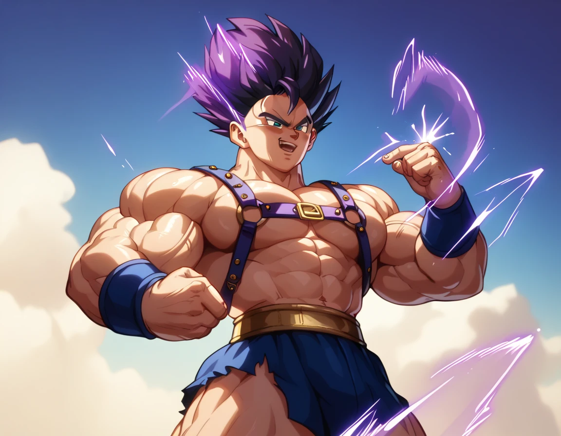  top quality,Anatomical, Big Muscles , Vegeta and Kogenta mix,Demon Body,Sexually attractive gestures,shiny skin, growing skin, taken over by the devil , He smiles wickedly ., armband, bracers,Harness,gigantic penis,supersaiyanaura, dark purple aura ,fullbody