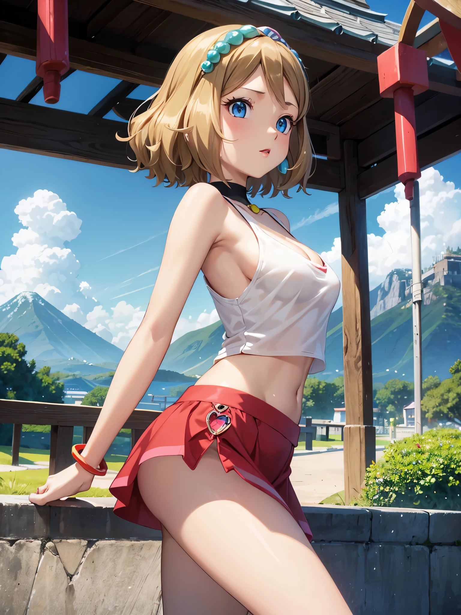 1woman, beautiful woman, photo of slim girl model, cute young woman, happy, small, (Young), good-looking, very short shirt, green miniskirt, light brown hair, short hair, wavy hair, bare arms, large breasts, blue eyes, perfect anatomy, perfect hands, detailed eyes, navel, midriff, beautiful and detailed lips, woven bracelets, outdoors, japanese street, standing, standing on one leg, close up, long eyelashes, beautiful face, detailed eyelashes, detailed lips, lip gloss, anime style, naughty face, bare shoulders, plunging neckline, mountains, cloudy, pokeball, holding pokeball, from side, looking at viewer,