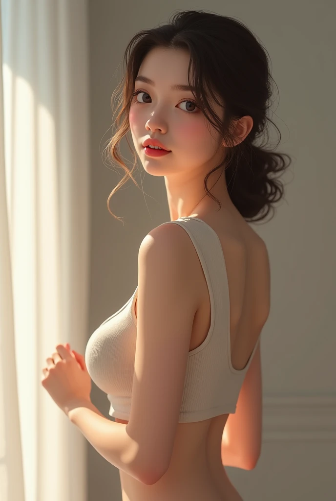 A beautiful woman standing, wearing (sports bra, panties), perfect body, full body, detailed body, (huge breast: 1.2), bedroom, Soft smile, super detailed, 8k