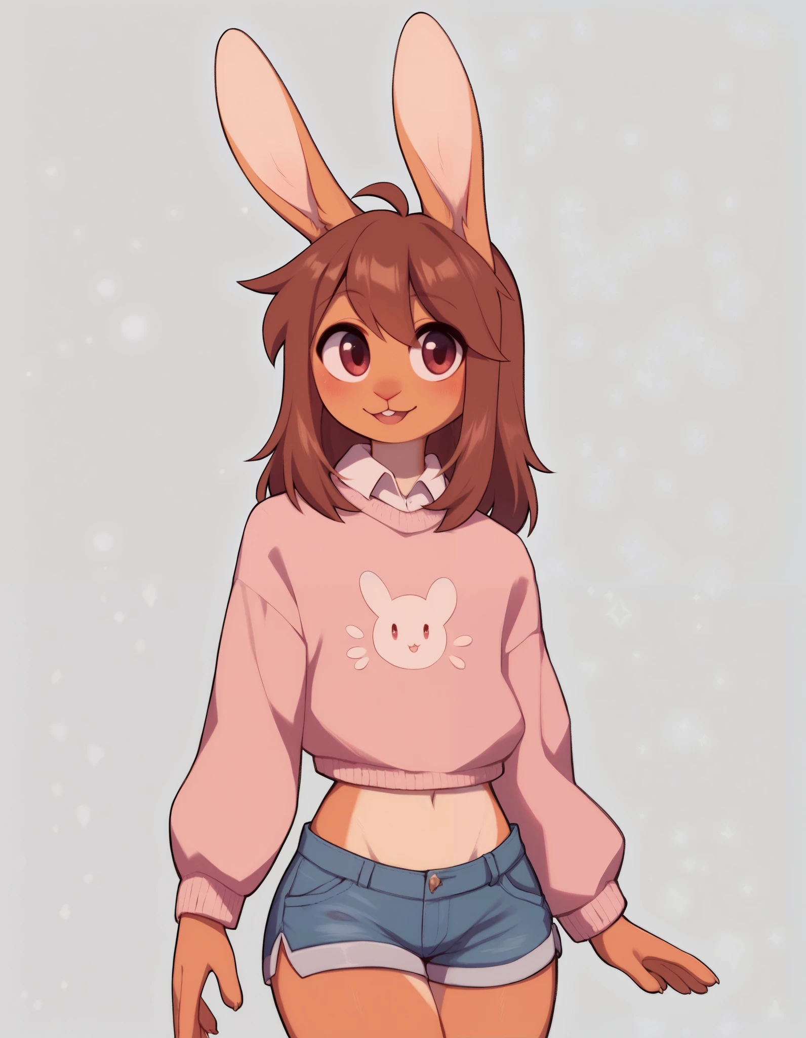 cwew, score_9,score_8_up, score_7_up, Best quality , Very detailed illustration, (Anthropomorphic furry rabbit boy:1,7) , tousled voluminous hair, Playful look, Slim, ideal body, thin waist,  wide hips, Simple drawing, Artifyber style, pastel flat colors, Cute, cartoon, sweater, short shorts