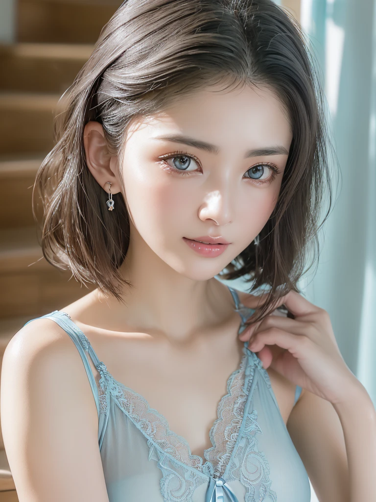 (((Light blue lace lingerie &See-through 1.5))), ((( very elegant and beautiful , perfect detail,  super detailed))), whole body,  The most detailed girl ,  written boundary surrounding multiple girls, 美しく詳細なwhole body, Thin legs,  1 girl, 30 years old,  very short hair, Spiked Hair,  gray and silver hair,  beautiful detailed hair ,  perfect face,  expressionless, Beautifully detailed deep eyes,  open your mouth slightly,  Delicate arms and hands ,  pale skin,  earrings for a woman alone, BEAUTIFUL LUXURY NECKLACE ,  colorful background, HD Backgrounds,  blurry background,   so delicate and beautiful ,   Masterpiece  , ((( top quality,   very beautiful 8K CG Wallpaper ))), ((( medium bob hair))), ( in the room, Stylish Interior , Window ),Be sure to look at the camera、 realistic skin texture in the middle of a wooden staircase、Translucent skin、