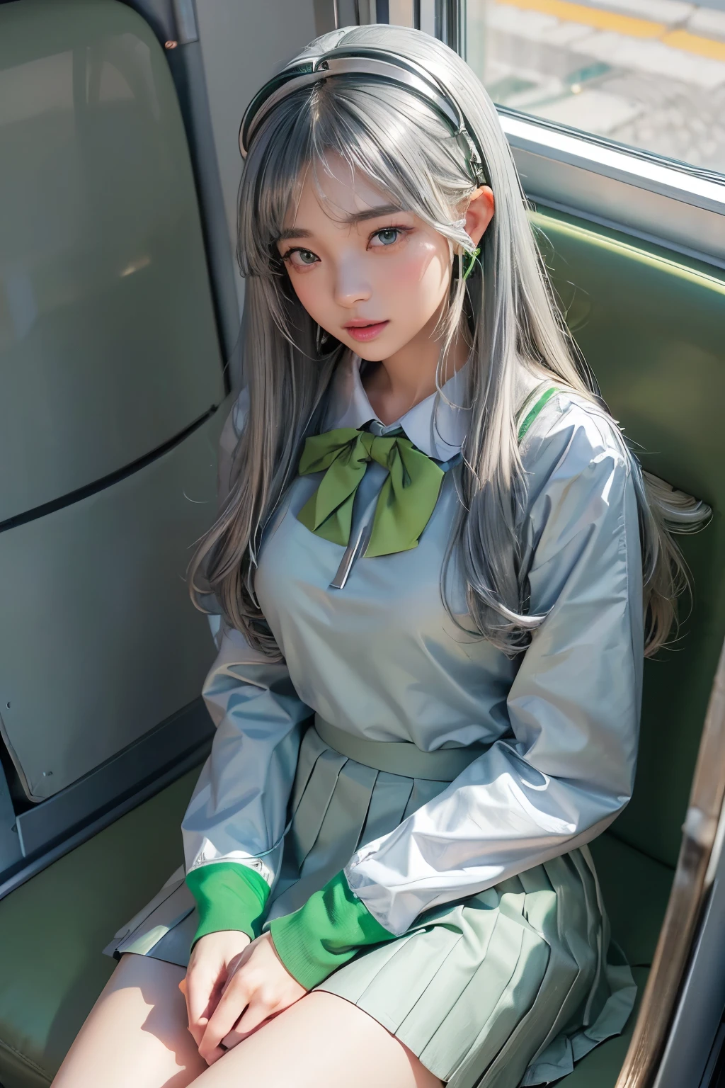 8K,Best Quality, masterpiece, ultra-detailliert, 超A high resolution, Photorealistic, Raw photo, anatomically correct ,absurderes, absolutely resolution, ((1girl, Solo)), (((Looking down))),((muffler:1.6)),view from below,a Japanese young pretty girl,triangle face, hyper cute face, Glamorous figure,high breasts, up turn breasts,small breasts, Long bob hair ,looking down,innocent Smile,(School uniform:1.5),((navy color check skirt)),(She's sitting on train seat, legs slightly spread, white panties showing) ,Glossy lips, ((single eyelids in both eyes:1.5)), Natural makeup, Glossy smooth light brown long bob hair, asymmetrical bangs, Shiny skin, ((wearing green silver color headphone:1.5)),central image, High resolution, high detailing, detailed hairstyle, Detailed face, spectacular movie lighting, Octane Rendering, Vibrant, Hyper realistic, Perfect limbs,wide angle, Reticulus
