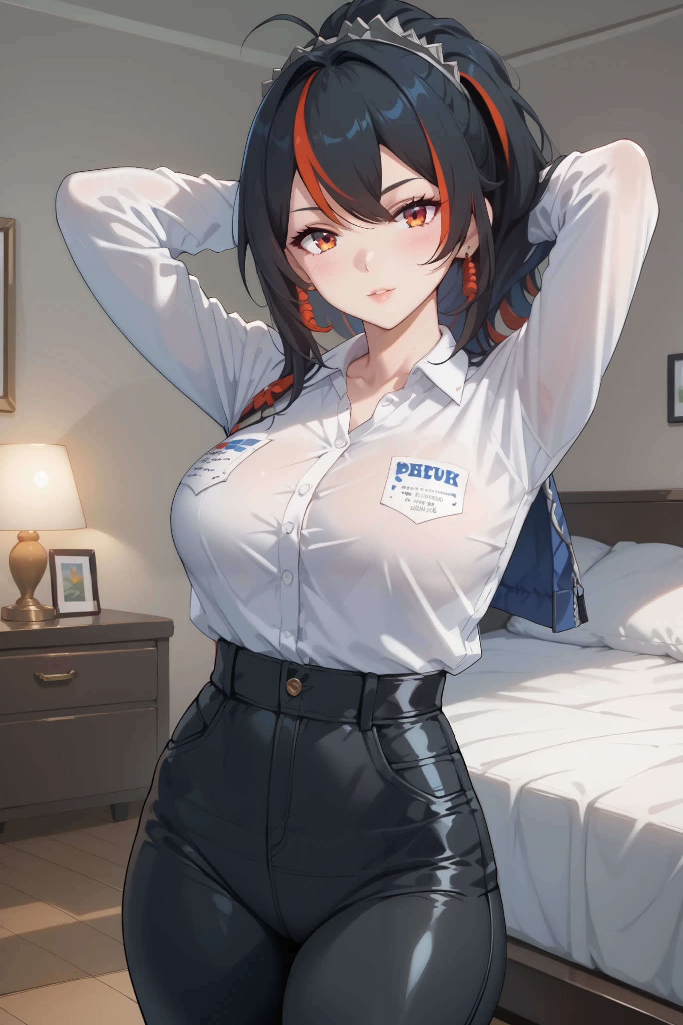 Masterpiece,high quality,2d mixed 3d, solo ,1 girl,zhu yuan,stand up,looking at viewers,streaked ponytail hair,large breasts,beauty legs,arms behind back head,slimfit white shirt,black span skirt pants ,((bed room)