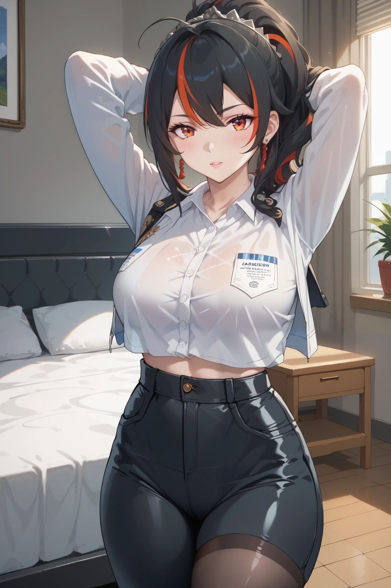 Masterpiece,high quality,2d mixed 3d, solo ,1 girl,zhu yuan,stand up,looking at viewers,streaked ponytail hair,large breasts,beauty legs,arms behind back head,slimfit white shirt,black span skirt pants ,((bed room)