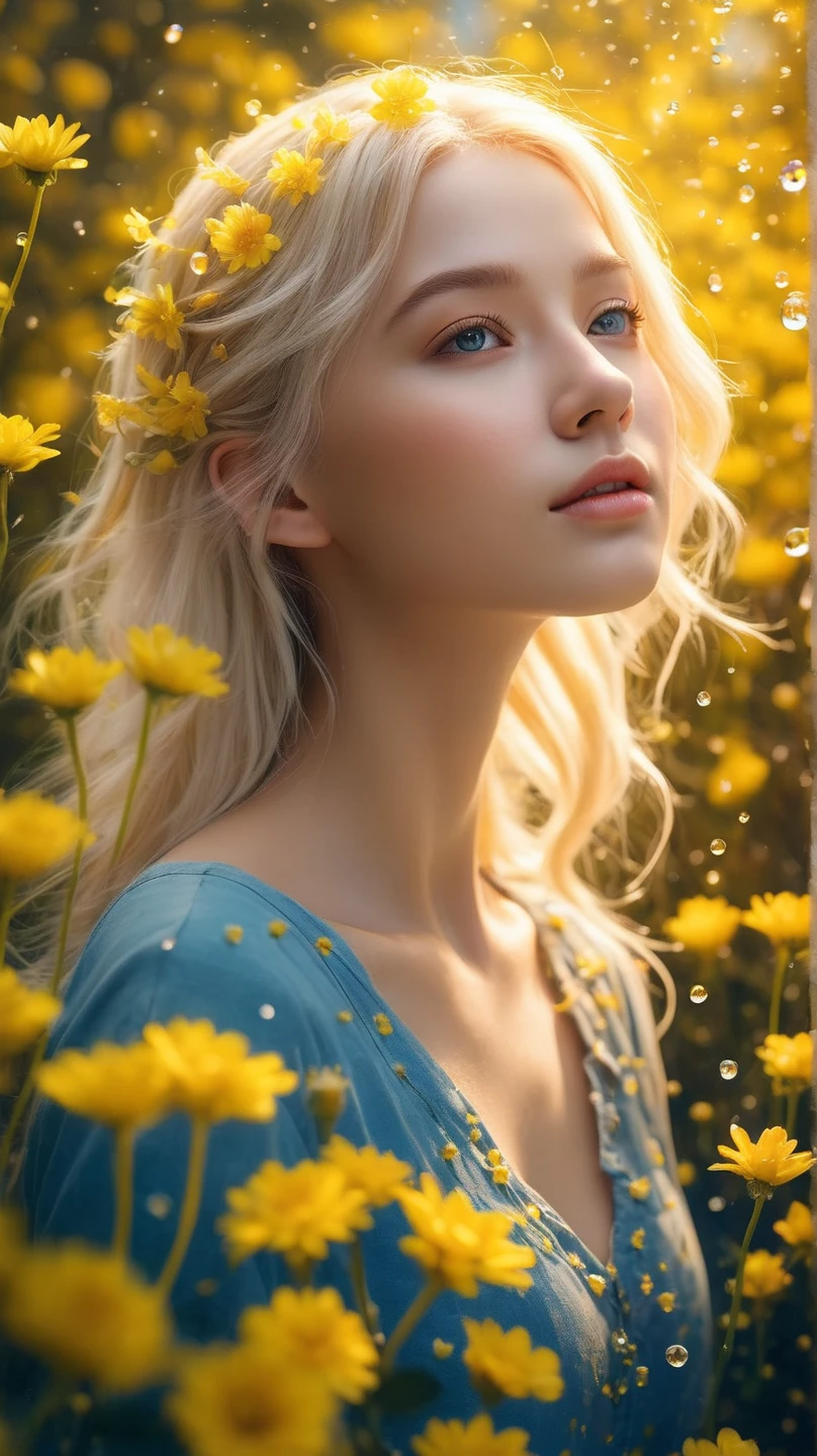 realistic,photography,(masterpiece,best quality),ultra-detailed,1girl,blonde hair ,stars in the eyes,pure girl,(full body:0.5),There are many scattered luminous petals,Hidden in the light yellow flowers,Many flying drops of water,Many scattered leaves,branch,angle,contour deepening,cinematic angle,(Tyndall effect),