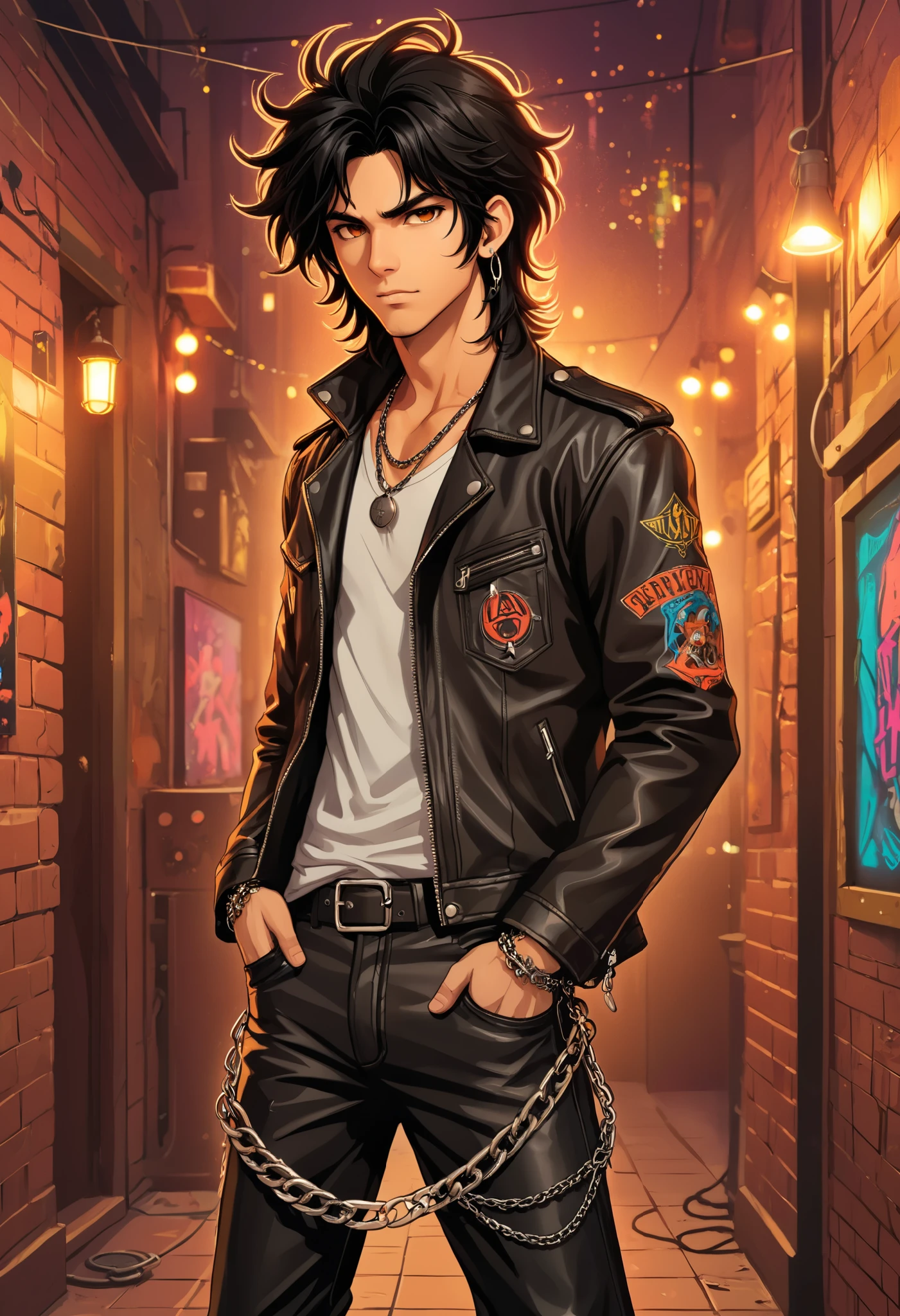 puntaje_9, puntaje_8_arriba, puntaje_8, 1 joven, male, solo, focus, neocruz, black medium hair, messy hair, brown eyes,fuente_animé,( Rocker style leather jacket and pants, with small chains in the pockets), con un fondo de (Discos de vinilo en una pared de ladrillo) ,(luces de neón), (collage estilizado), (LegendDarkFantasy,,memphisstyle-6750)