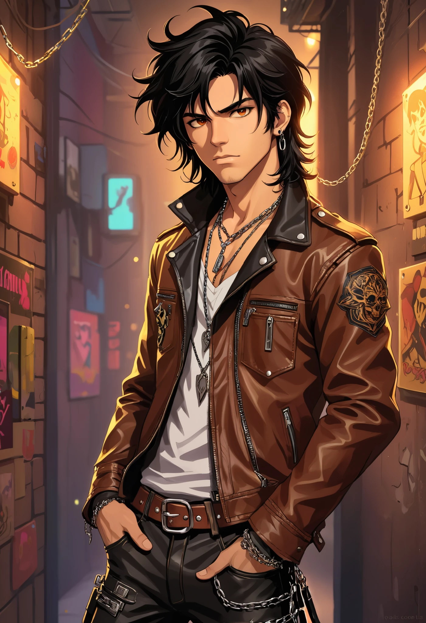 puntaje_9, puntaje_8_arriba, puntaje_8, 1 joven, male, solo, focus, neocruz, black medium hair, messy hair, brown eyes,fuente_animé,( Rocker style leather jacket and pants, with small chains in the pockets), con un fondo de (Discos de vinilo en una pared de ladrillo) ,(luces de neón), (collage estilizado), (LegendDarkFantasy,,memphisstyle-6750)