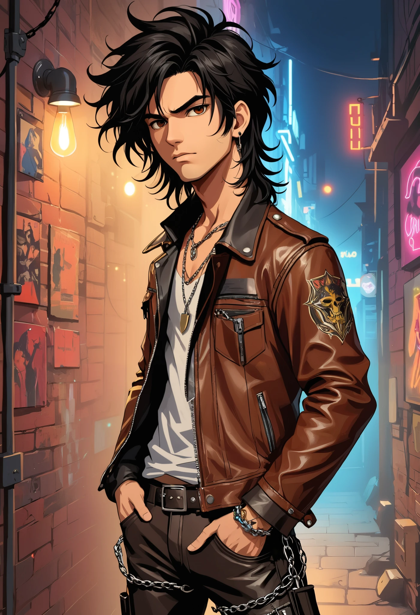 puntaje_9, puntaje_8_arriba, puntaje_8, 1 joven, male, solo, focus, neocruz, black medium hair, messy hair, brown eyes,fuente_animé,( Rocker style leather jacket and pants, with small chains in the pockets), con un fondo de (Discos de vinilo en una pared de ladrillo) ,(luces de neón), (collage estilizado), (LegendDarkFantasy,,memphisstyle-6750)