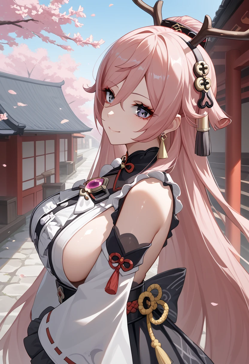  score_9,  score_8_up,  score_7_up,  source_Anime,  1 girl , Alone, Outdoor, street, cherry blossoms,  cowboy shooting,  great quality,Yang Fei \(genshin imPact\),  1 girl , Alone,  Watch Viewers, red head decoration , :P, Bare Skin,  have , from side,  Detached Sleeves, uPPer body,  blue sky, smile, antlers, Looking to the side Standing ,  Watch Viewers, shiny skin, close-up, yes_Shrine maiden,  purple eyes, Pink Hair,  Very Long Hair ,  Low Thai Long Hair ,  floppy ears,   look with hair inside ,  earrings for a woman alone,  hair ornament , gem,  white kimono, japanese clothes,  Long Sleeve ,  Wide Sleeves ,  Detached Sleeves, Bare Skin, Non-traditional_Shrine maiden,  sleeveless shirt, sideboob,  lean forward ,口を閉じた frustrated、Bad mood、Gothic and Lolita shirts、 frustrated、Depressed、Bad mood、 I'm in a bad mood、Tall Women、A woman in her thirties、 Alassah's woman、Steins;Gate、Bad mood、 score_9,  score_8_up,  score_7_up,  source_Anime,masterpiece、 No Emotion、 no makeup、 top quality, beautifully detailed eyes , Exquisite Eyes、A sophisticated eye、 highly detailed eyes and face,Unmotivated look、Apathetic face、 long breasts, 1 female,  wear white coats、 gray shirt、白衣の下にGothic and Lolita shirts、 Grey Gothic Lolita Shirt 、Black Gothic Lolita Skirt 、 gray gothic lolita shirt、 Black Gothic Lolita Skirt 、 Mini Skirt、 short skirt  , Big saggy breasts, shockingly  Big Breasts ,  Big Breasts , room,Big Breasts、 boobs 、 zitales, makeup、 no makeup、 garter belt、黒の garter belt、 tall women、Tall Women、 plump thighs 、 taken from above