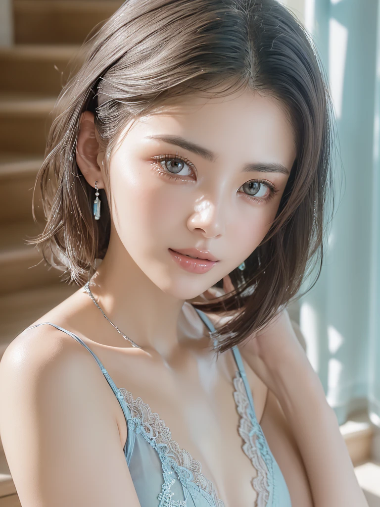 (((Light blue lace lingerie &See-through 1.5))), ((( very elegant and beautiful , perfect detail,  super detailed))), whole body,  The most detailed girl ,  written boundary surrounding multiple girls, 美しく詳細なwhole body, Thin legs,  1 girl, 30 years old,  very short hair, Spiked Hair,  gray and silver hair,  beautiful detailed hair ,  perfect face,  expressionless, Beautifully detailed deep eyes,  open your mouth slightly,  Delicate arms and hands ,  pale skin,  earrings for a woman alone, BEAUTIFUL LUXURY NECKLACE ,  colorful background, HD Backgrounds,  blurry background,   so delicate and beautiful ,   Masterpiece  , ((( top quality,   very beautiful 8K CG Wallpaper ))), ((( medium bob hair))), ( in the room, Stylish Interior , Window ),Be sure to look at the camera、 realistic skin texture in the middle of a wooden staircase、Translucent skin、((( nudes、 nudes、 nudes)))、