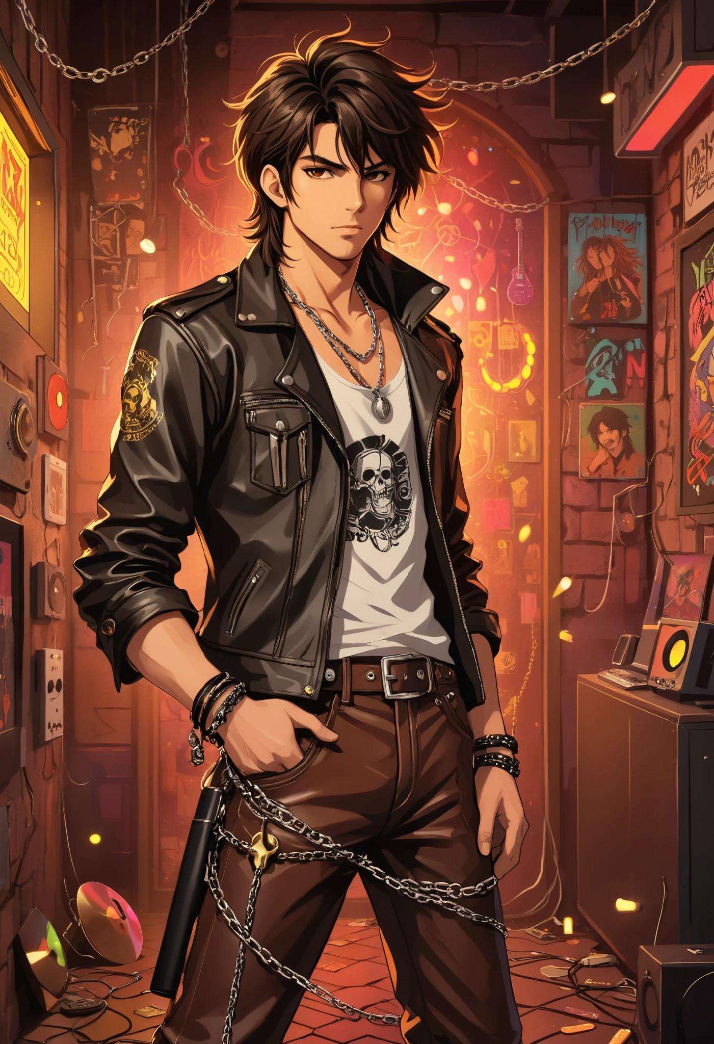 puntaje_9, puntaje_8_arriba, puntaje_8, 1 joven, male, solo, focus, neocruz, black medium hair, brown hair ,messy hair, brown eyes,fuente_animé,( Rocker style leather jacket and pants, with small chains in the pockets), con un fondo de (Discos de vinilo en una pared de ladrillo) ,(luces de neón), (collage estilizado), (LegendDarkFantasy,,memphisstyle-6750)