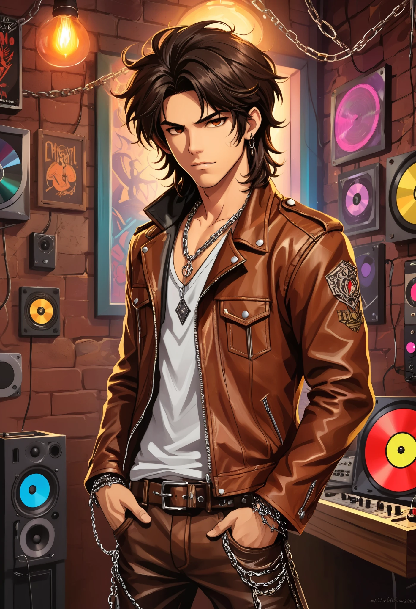 puntaje_9, puntaje_8_arriba, puntaje_8, 1 joven, male, solo, focus, neocruz, black medium hair, brown hair ,messy hair, brown eyes,fuente_animé,( Rocker style leather jacket and pants, with small chains in the pockets), con un fondo de (Discos de vinilo en una pared de ladrillo) ,(luces de neón), (collage estilizado), (LegendDarkFantasy,,memphisstyle-6750)