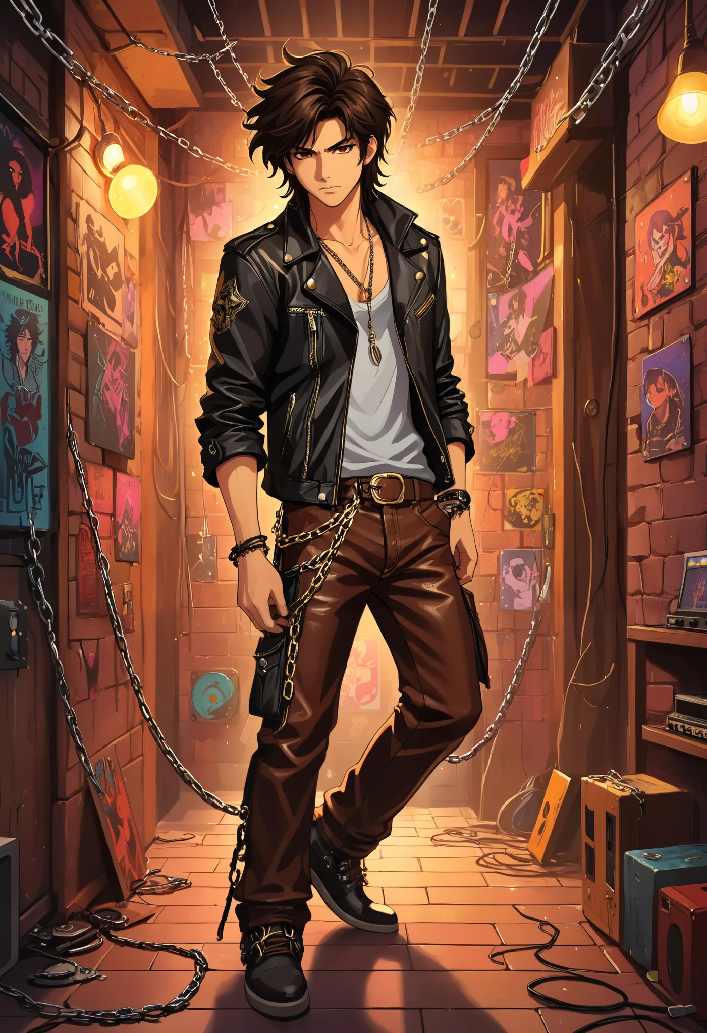 puntaje_9, puntaje_8_arriba, puntaje_8, 1 joven, male, solo, focus, neocruz, black medium hair, brown hair ,messy hair, brown eyes,fuente_animé,( Rocker style leather jacket and pants, with small chains in the pockets), con un fondo de (Discos de vinilo en una pared de ladrillo) ,(luces de neón), (collage estilizado), (LegendDarkFantasy,,memphisstyle-6750)