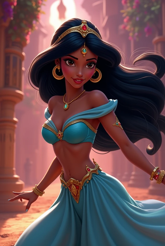 Stunning Princess Jasmine, photo in 8k, in action, cinematic.
