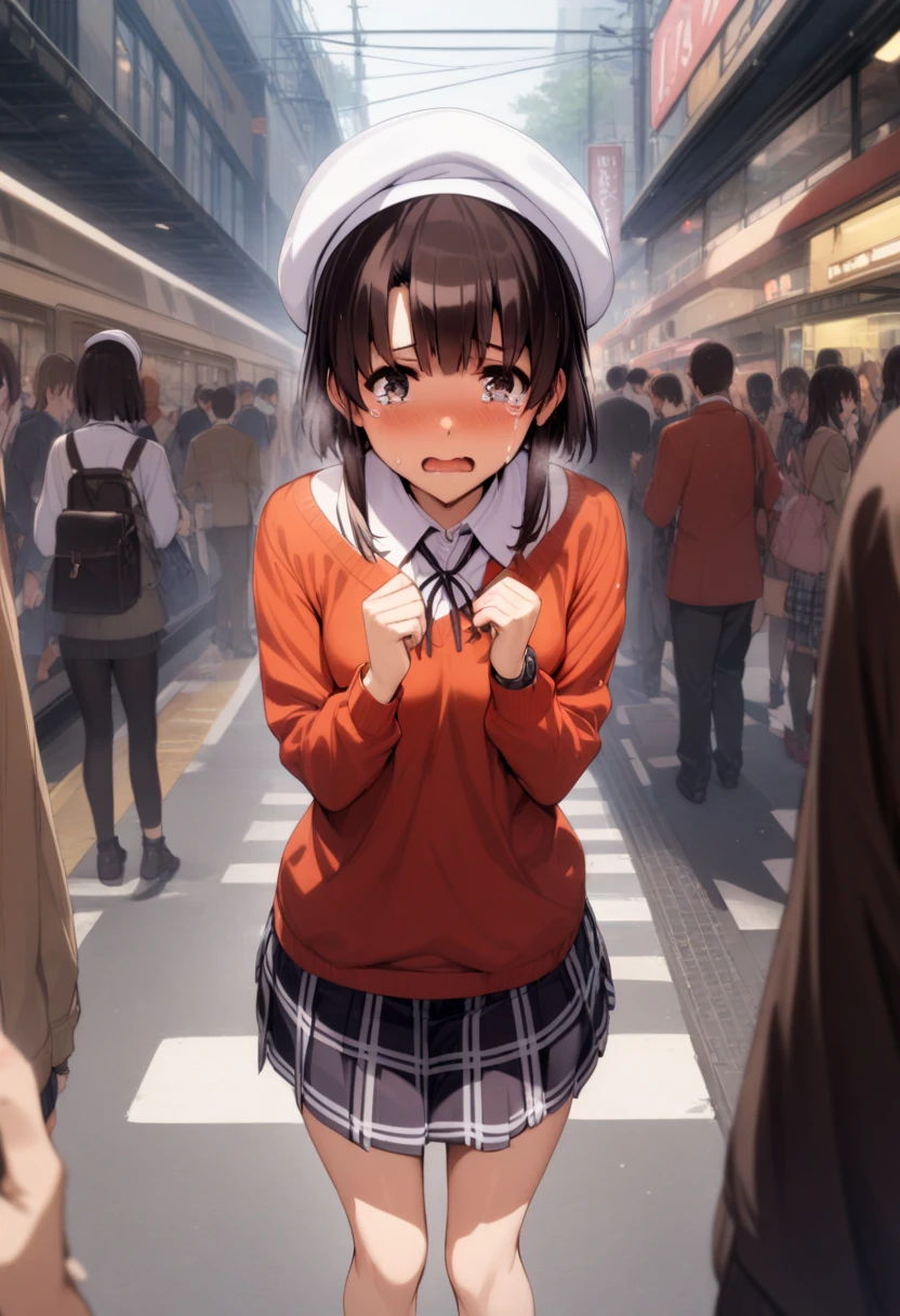 1girl,solo,megumi katou,short black hair,beret,longsleeve sweater,plaid midi skirt,crowded street around station,pov,embarrassed,tears,masterpiece, best quality, absurdres,
