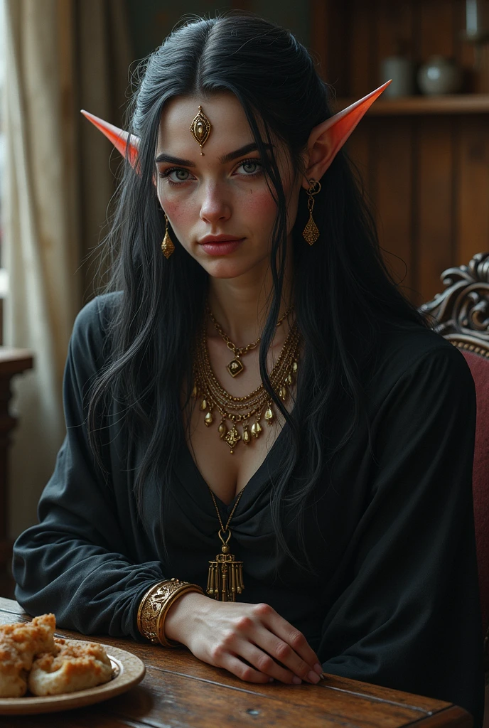 best quality,masterpiece,masterpiece portrait,intricate details,epic light,fantasy,Dungeons & Dragons,Retro,priest,dark elf,1girl,Wooden table,tavern,gray skin,An elegant smile,Squint,Close-up Portrait of a Mycenaean female Drow Person wearing golden jewelry, Spiders:0.9, webs:1.0, Fantasy, Volumetric lighting, concept art, brush stroke style, artstation, trending, highly detailed, art by greg rutkowski  