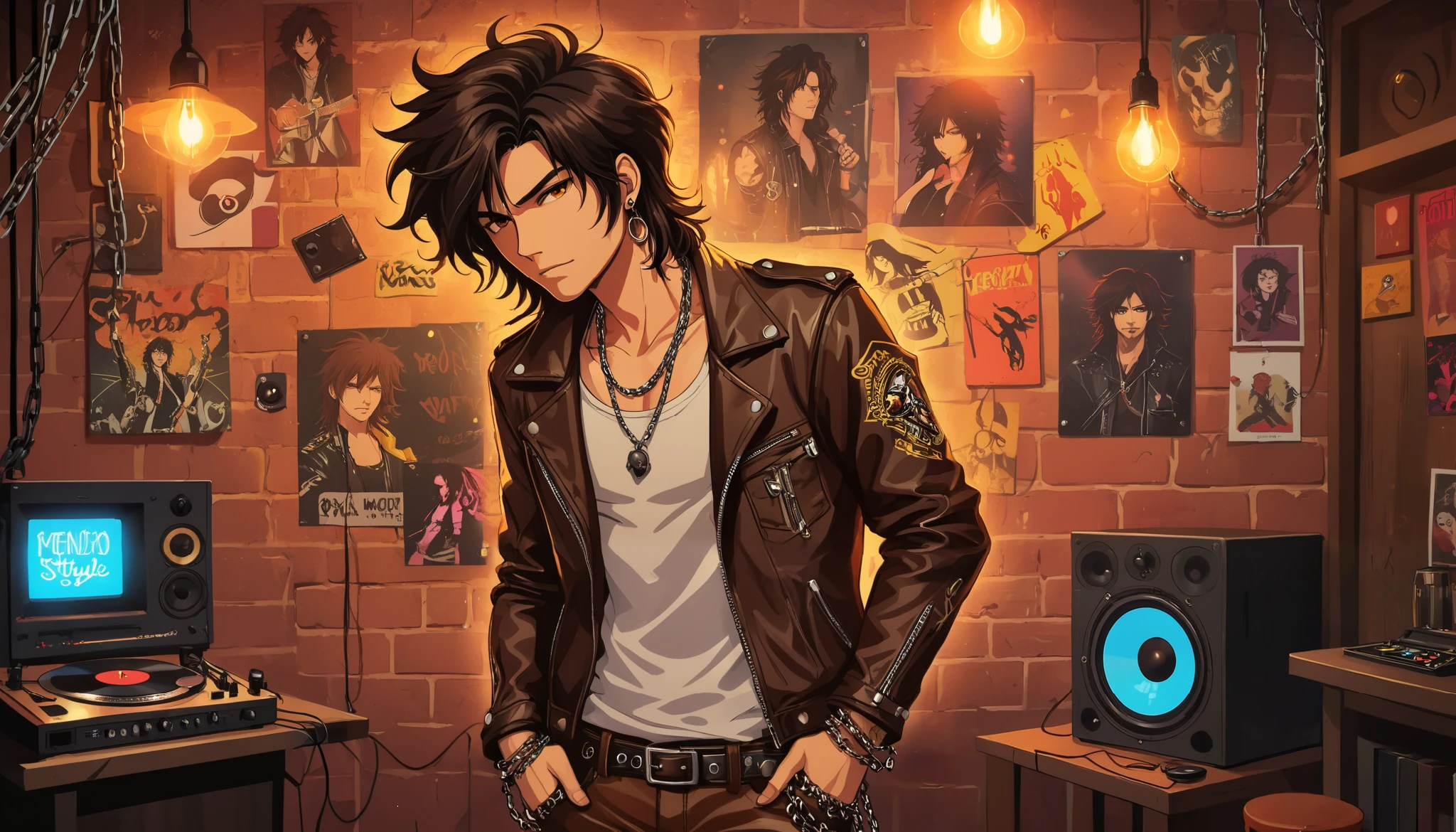 puntaje_9, puntaje_8_arriba, puntaje_8, 1 joven, male, solo, focus, neocruz, black medium hair, brown hair ,messy hair, brown eyes,fuente_animé,( Rocker style leather jacket and pants, with small chains in the pockets), con un fondo de (Discos de vinilo en una pared de ladrillo) ,(luces de neón), (collage estilizado), (LegendDarkFantasy,,memphisstyle-6750)