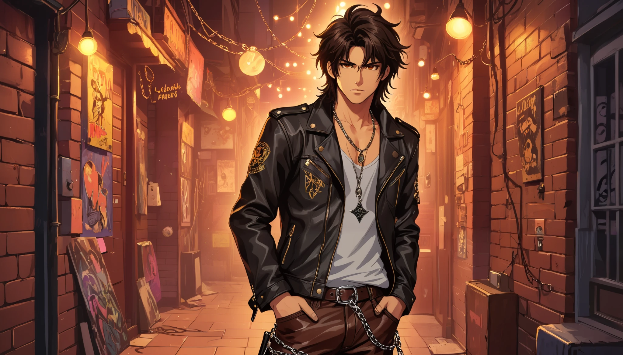 puntaje_9, puntaje_8_arriba, puntaje_8, 1 joven, male, solo, focus, neocruz, black medium hair, brown hair ,messy hair, brown eyes,fuente_animé,( Rocker style leather jacket and pants, with small chains in the pockets), con un fondo de (Discos de vinilo en una pared de ladrillo) ,(luces de neón), (collage estilizado), (LegendDarkFantasy,,memphisstyle-6750)