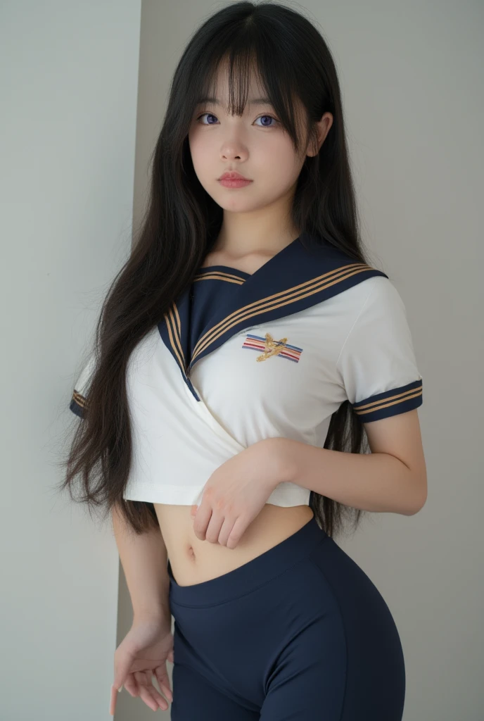 Masterpiece, best quality:1.3, Glowing skin, 1girl, solo, long hair, black hair, Bangs, purple eyes, Double eyelids, standing, full body, medium breasts, shagging breasts, pouting, School uniforms, Short sleeve, Pencil pants,