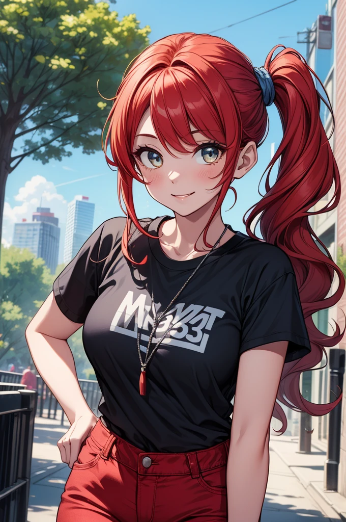 ((In the style of a hentai)), (Masterpiece, Best quality), (( intricate Face, bright eyes )), BREAK, brown eyes, red hair, long hair, wavy hair, hair over one eye, BREAK, red shirt, blue skirt, big breasts, big smile, BREAK, cityscape background