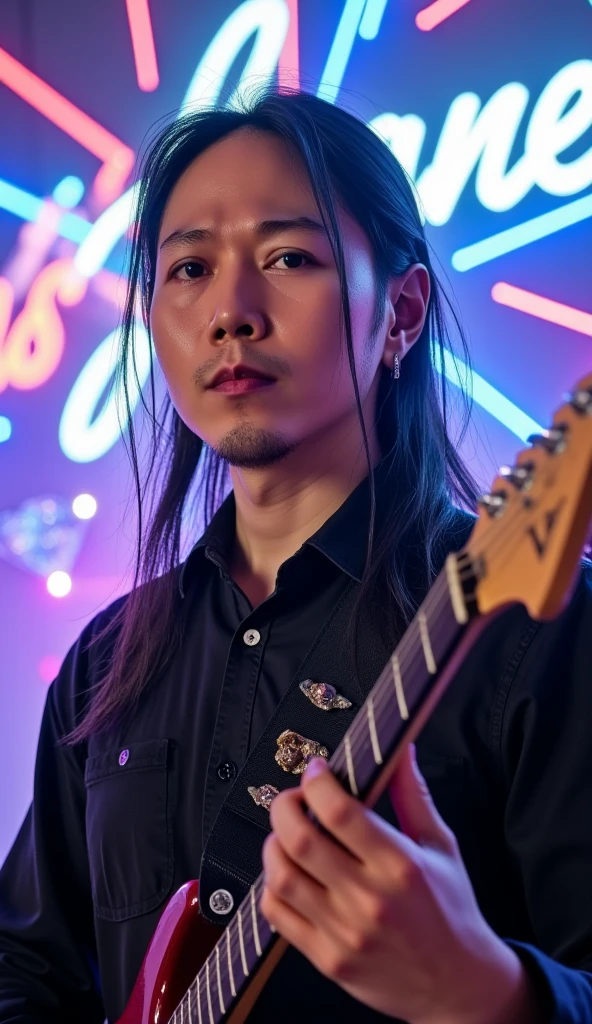 jojo, 38-year-old male, Masterpiece, best quality best, Asian man, East Asian people, one person, 8k, high detail, high detail, detail eyes, hyper realistic, (photorealism:1.2), Black hair with gray Sporadic, looks like DPR ian and has blue eyes, a thick neck, long hair over his ears, and in the background is written the word facneo and has colored lines crossed between them and is playing an electric guitar and is looking straight ahead and has an incredible diamond in the background And that the image looks very real please