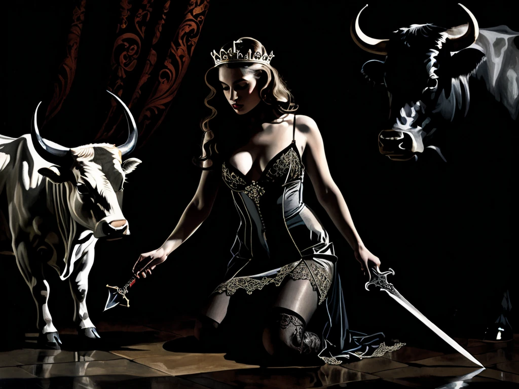 crowned female kneeling to a raging bull, wearing a translucent gown, revealing hi Couture lace lingerie and stockings, holding a small dagger oh her hand, as an old renaissance chiaroscuro painting