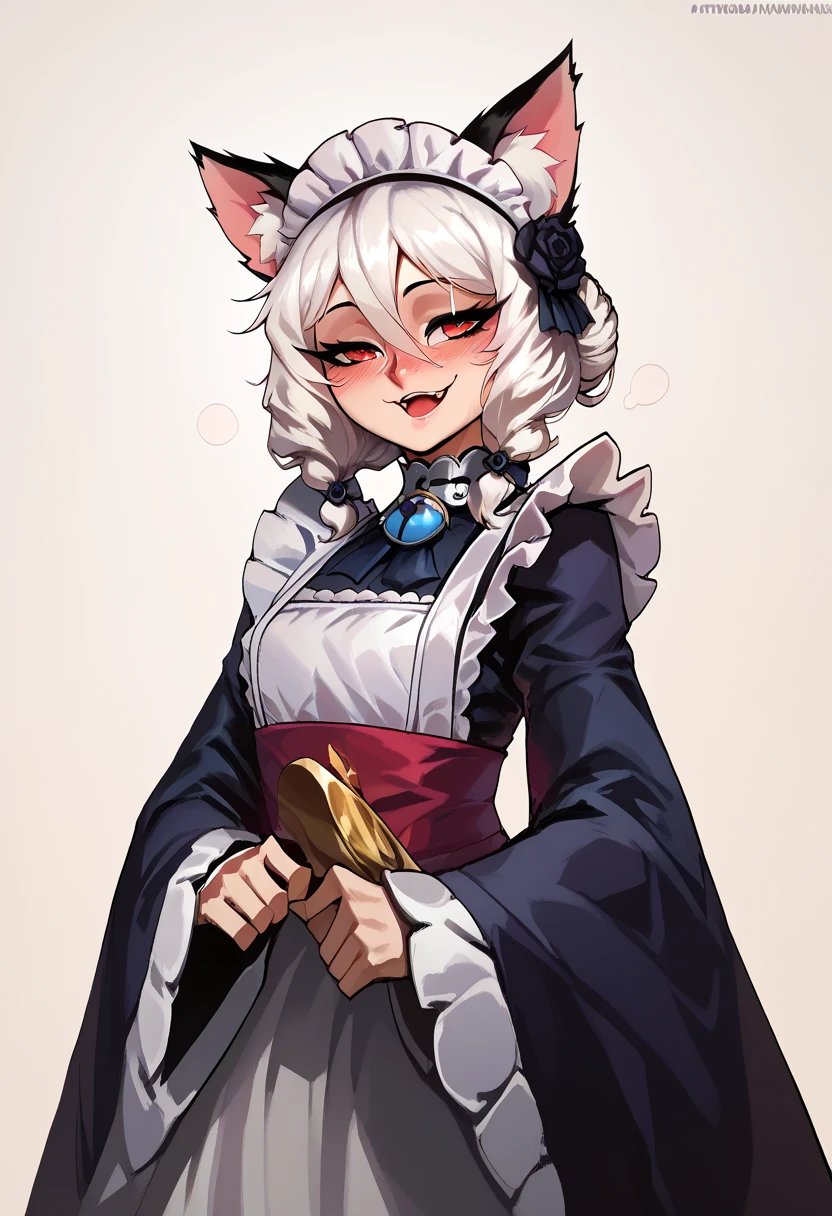 score_9, score_8_up, score_7_up, score_6_up, score_5_up, score_4_up, BREAK1girl,solo,cat ears,animal ear fluff,sash,smile,blush,hair between eyes, white hair,wide sleeves,sleeves past wrists,victorian clothes, dress, maid, (masterpiece), (best quality),