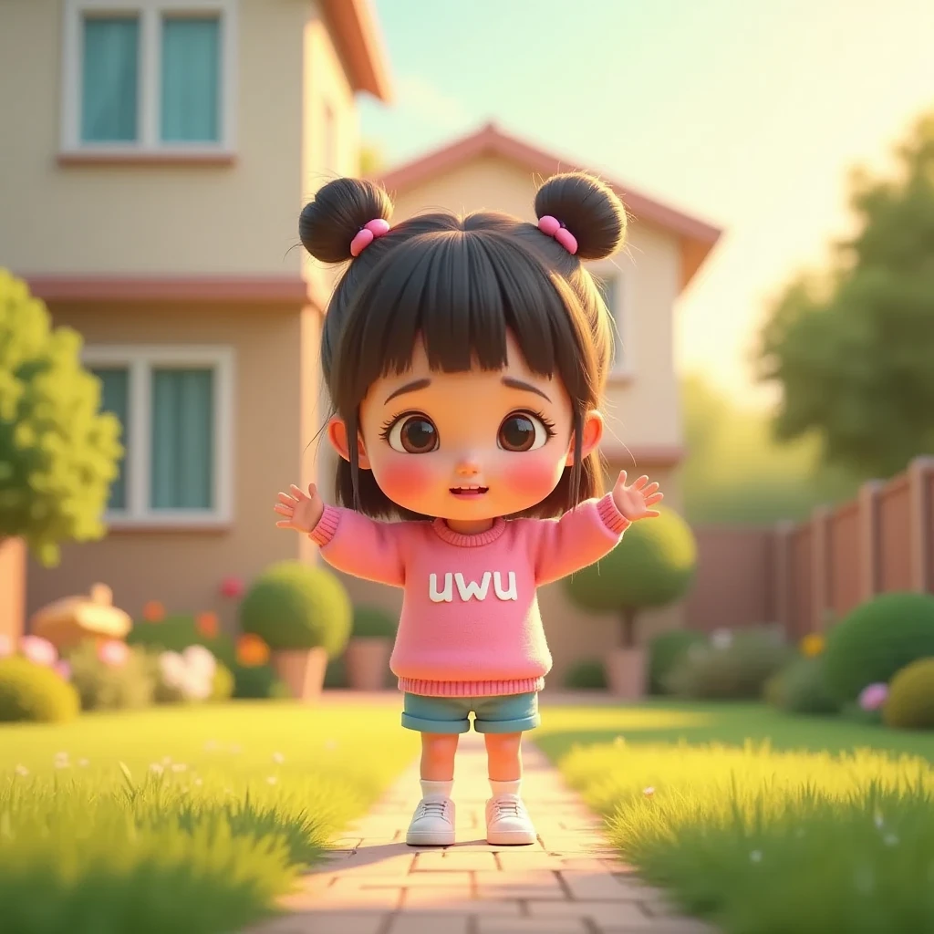 A wide and spacious front yard with green grass, a few colorful flowers, and a small tree in the corner. Uwu, a  cute and adorable girl, stands alone in the yard, tossing a ball into the air. She has her hair in two buns on top with bangs, clear hair fibers, flushed cheeks, wearing a pink sweater with 'uwu' written on it, blue shorts, short socks, and white sneakers. Despite the cheerful atmosphere of the yard, illuminated by the warm morning sunlight, Uwu’s expression is slightly sad. The style is 3D animation with a pastel color palette, creating a soft and lively ambiance, focusing on her expressive face and playful pose.