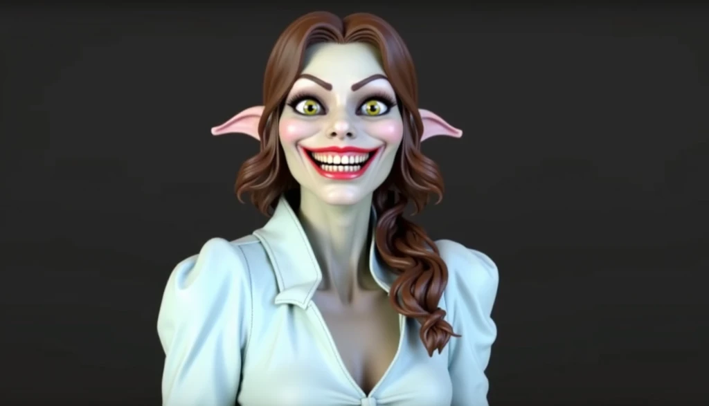 green skinned goblin woman, big green eyes, looking down at hands, smiling, evil smile, perfect teeth, long pointy goblin ears, deep green skin tone, black sleeveless shirt, big breasts, cleavage