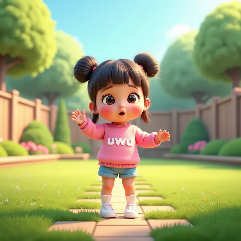 A wide and spacious front yard with green grass, a few colorful flowers, and a small tree in the corner. Slide show, Uwu, a  cute and adorable girl, stands alone in the yard, tossing a ball into the air. She has her hair in two buns on top with bangs, clear hair fibers, flushed cheeks, wearing a pink sweater with 'uwu' written on it, blue shorts, short socks, and white sneakers. Despite the cheerful atmosphere of the yard, illuminated by the warm morning sunlight, Uwu’s expression is slightly sad. The style is 3D animation pixar with a pastel color palette, creating a soft and lively ambiance, focusing on her expressive face and playful pose.