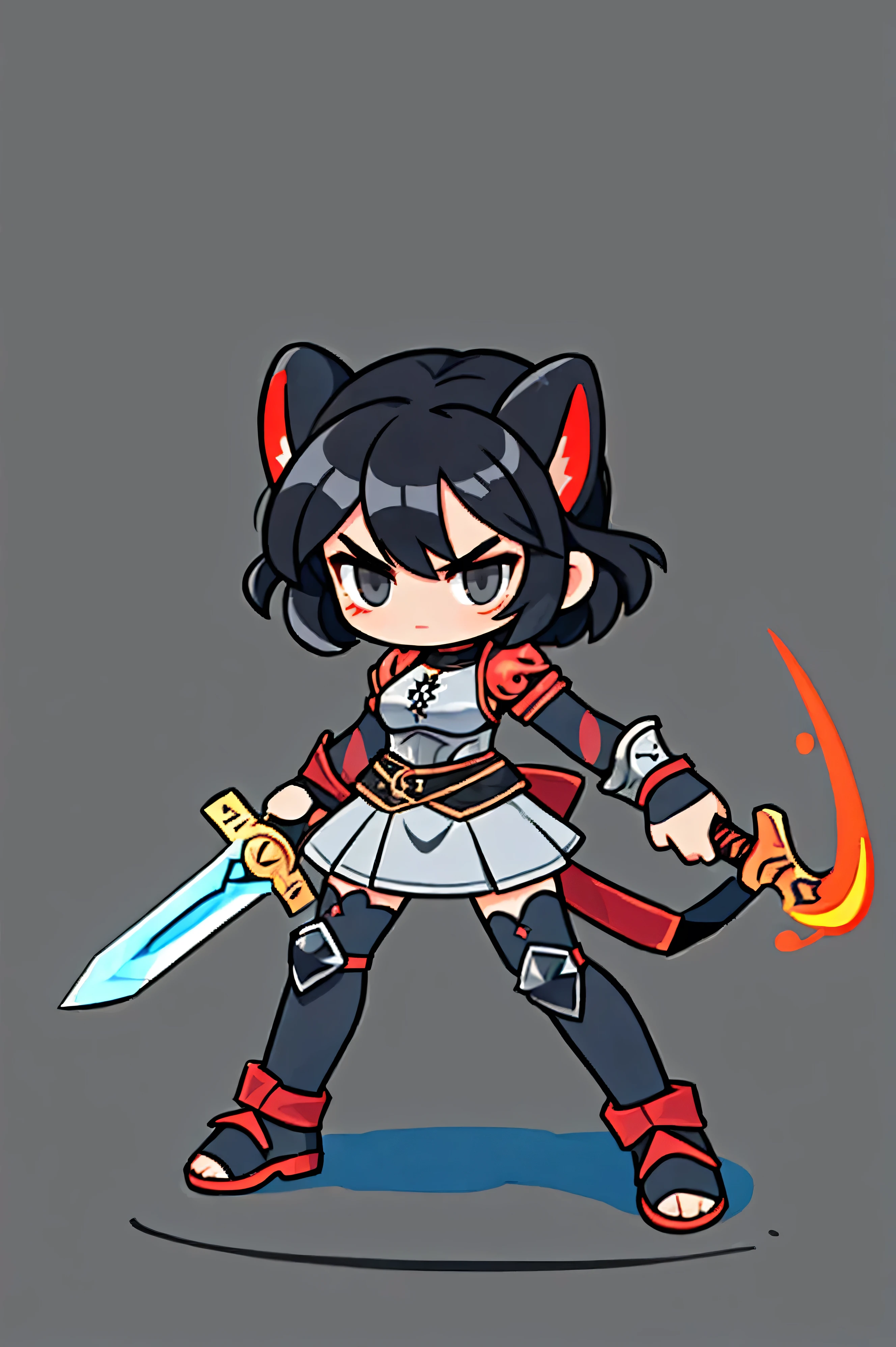  A female warrior wields a sword ,   Medieval Iron Armor ,  Costume Color Gray, Natural background.  bright black hair  ,  cat ears , black eyes ,  Levitation with a sword,   Battle Sword  . Aggressive posture  