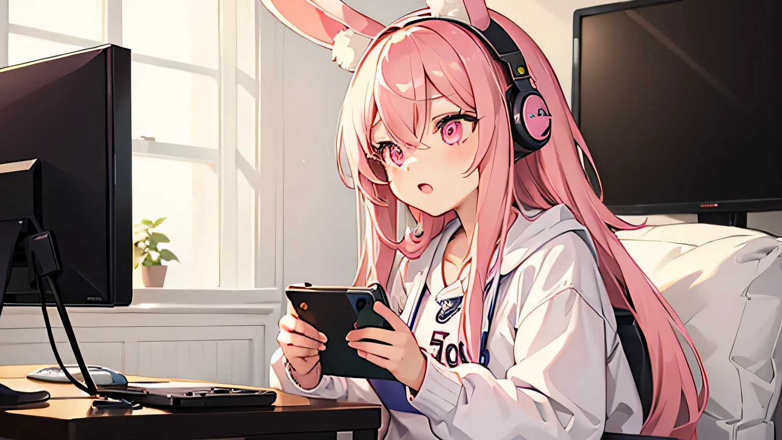 beautiful illustrations, highest quality, pretty girl, pastel colour, fluffy rabbit ears, , pink long hair, rabbit stuffed, bright lighting, pale pink eyes,Clutching a controller while playing a TV game,exactly 5 fingers,In the mood of a gamer girl,Closing one eye