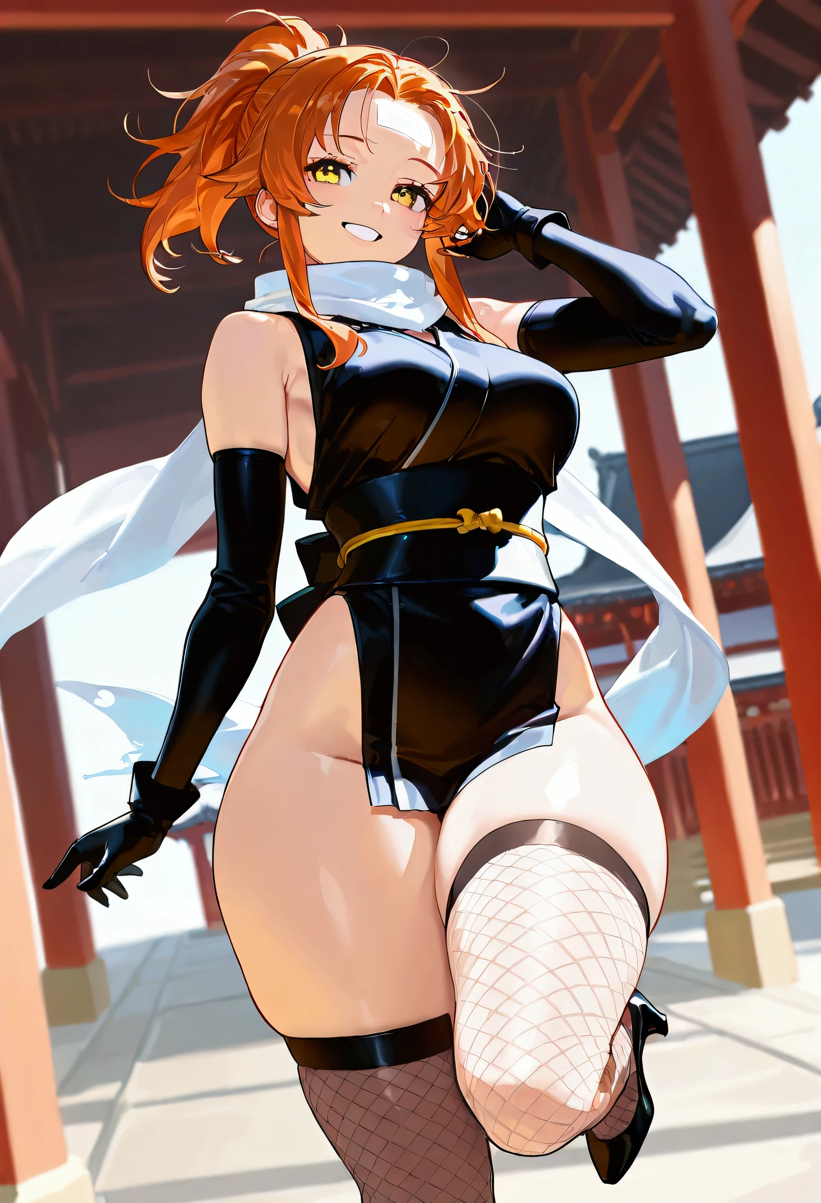 1girl, 1.60 height, natural orange hair, ponytail hairstyle, locks of hair on the forehead, medium hair, yellow eyes, wide hips, thighs, thick thighs, ninja clothes, black gloves, high heels, fishnet stockings, scarf, smiling, Japanese temple in the background