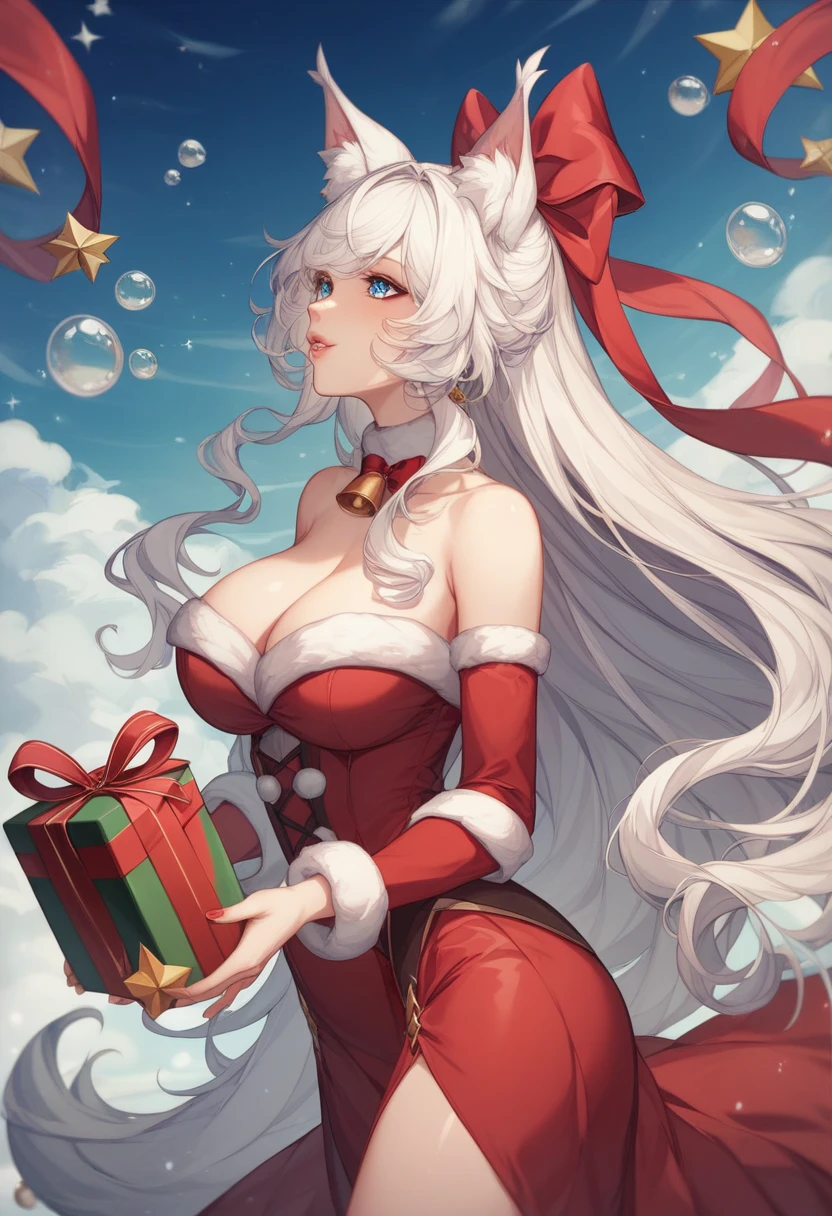 女の子1人、Santa Girl、Christmas、nigh sky、Christmas tree、It's snowing、、Too large breasts、cleavage of the breast、white wedding dress and lace cape 、Navel Ejection、white hair、Twin-tailed、Fluffy and soft long hair、A sparkling Christmas night、stele々shining brightly、A smile、Golden Eyes、European streets are decorated for Christmas、A sexy、Transparent