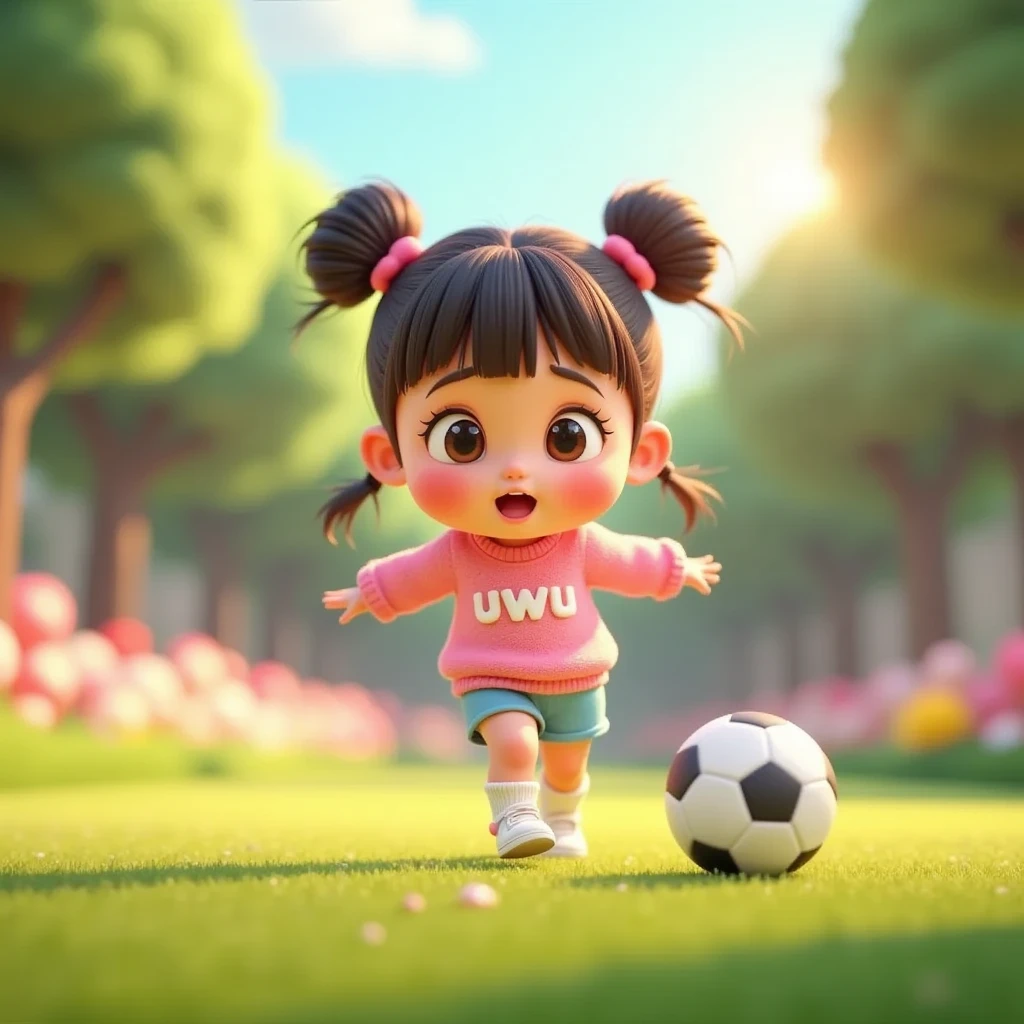 A wide and spacious front yard with green grass, a few colorful flowers, and a small tree in the corner. Uwu, a  cute and adorable girl, is standing in the yard, kicking a ball with a slightly sad expression. She has her hair in two buns on top with bangs, clear hair fibers, flushed cheeks, wearing a pink sweater with 'uwu' written on it, blue shorts, short socks, and white sneakers. The cheerful atmosphere of the yard is illuminated by the warm morning sunlight. The style is 3D Pixar animation with a pastel color palette, creating a soft and lively ambiance, focusing on her expressive face and energetic kicking pose.